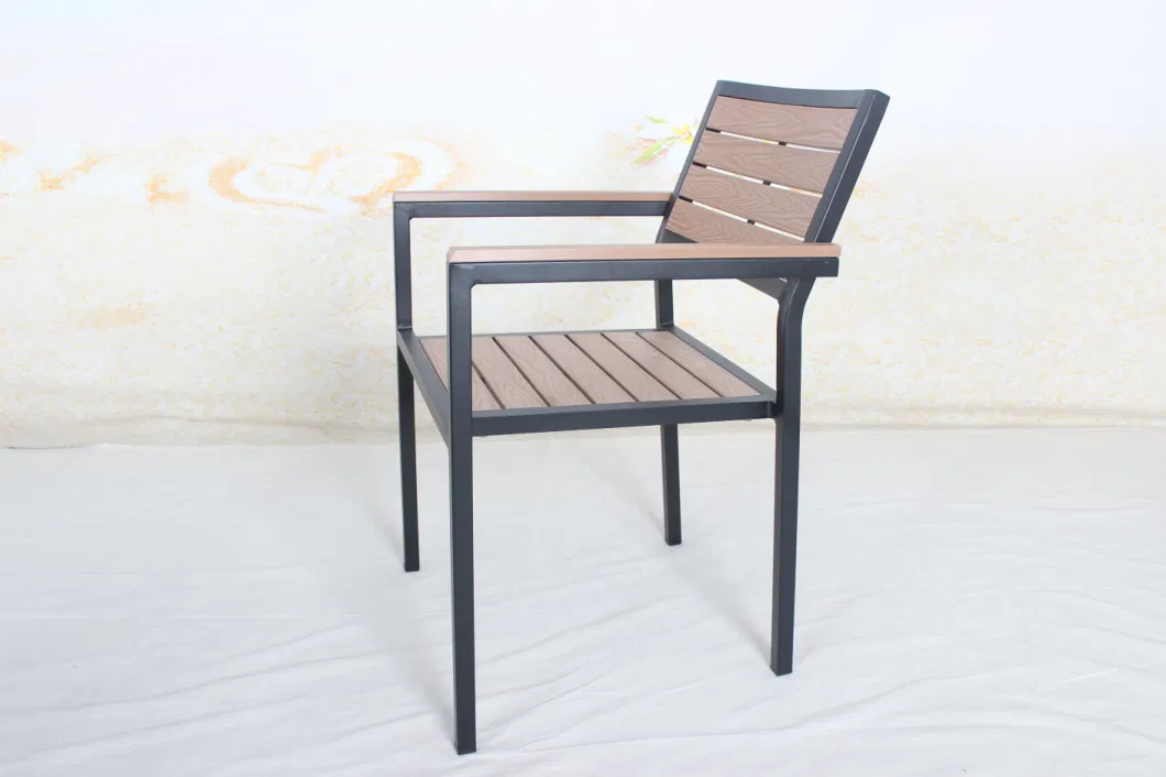 Basic Customization 5 Pieces Outdoor Hotel Garden Aluminum Frame Plastic Wood Dining Table Set Chairs Furniture