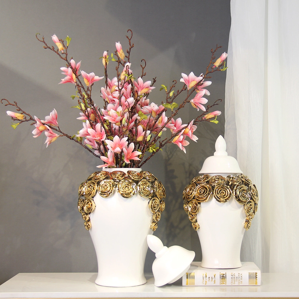 J243 Interior Home Decoration Nordic Vase Luxuriant Gold and White Rose Flower Ceramic Ginger Jar