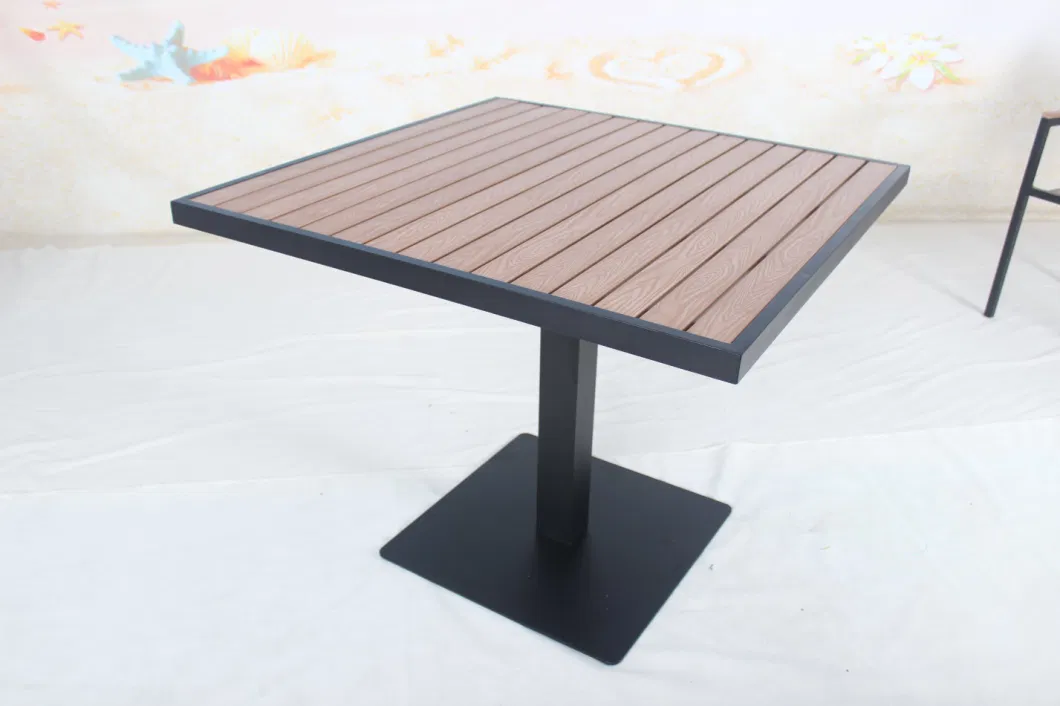 Basic Customization 5 Pieces Outdoor Hotel Garden Aluminum Frame Plastic Wood Dining Table Set Chairs Furniture