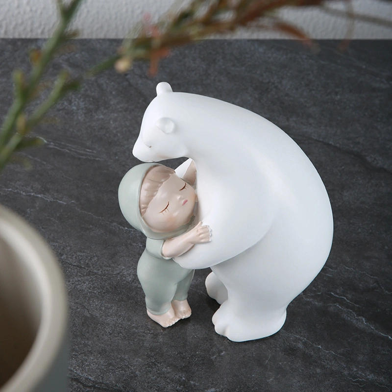 Home Table Decorative Resin White Bear and Baby Girl Statue