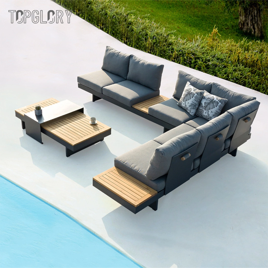 2022 Modern Hotel Home Outdoor Patio Garden Wooden Living Room Furniture Aluminum Teak Sectional Corner Chair Sofa Rattan Furniture with Side Coffee Table