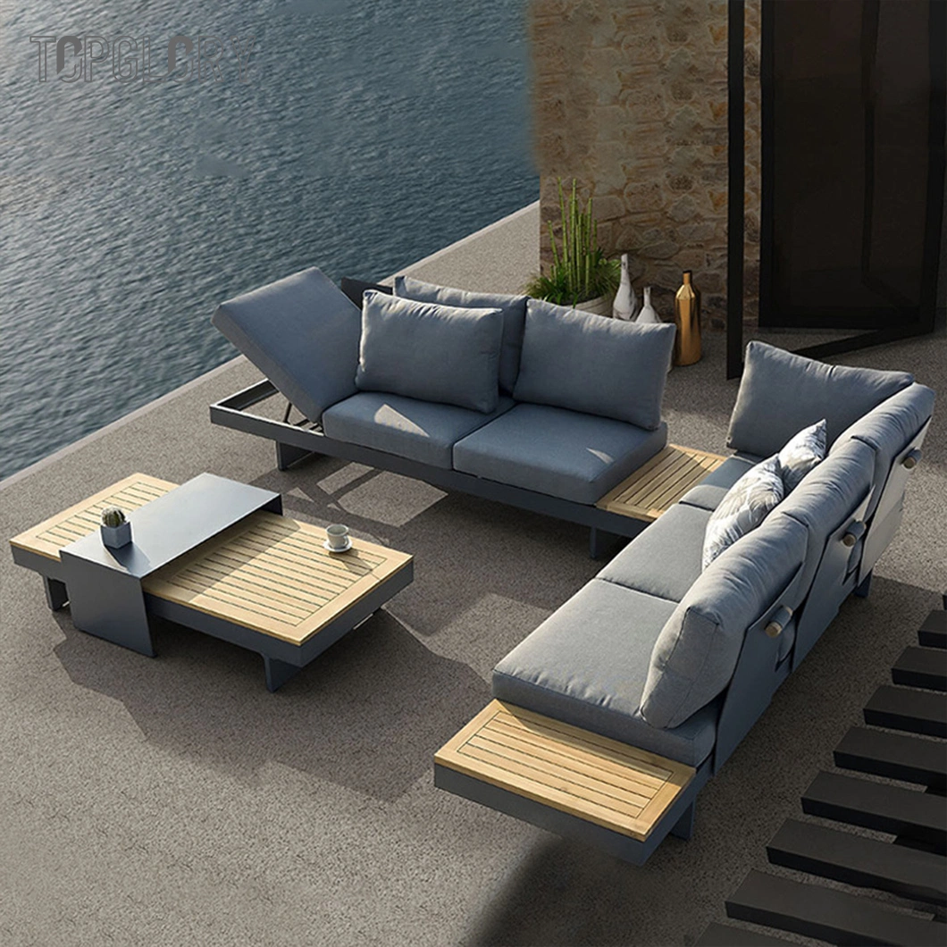 2022 Modern Hotel Home Outdoor Patio Garden Wooden Living Room Furniture Aluminum Teak Sectional Corner Chair Sofa Rattan Furniture with Side Coffee Table
