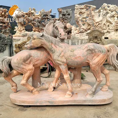 Handmade Custom Supplier Factory Good Price Life Size Animal Stone Sculpture Red Marble Couple Horse Statue