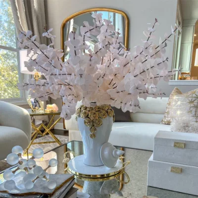 J243 Interior Home Decoration Nordic Vase Luxuriant Gold and White Rose Flower Ceramic Ginger Jar
