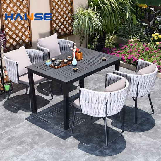 Basic Customization 5 Pieces Outdoor Hotel Garden Aluminum Frame Plastic Wood Dining Table Set Chairs Furniture